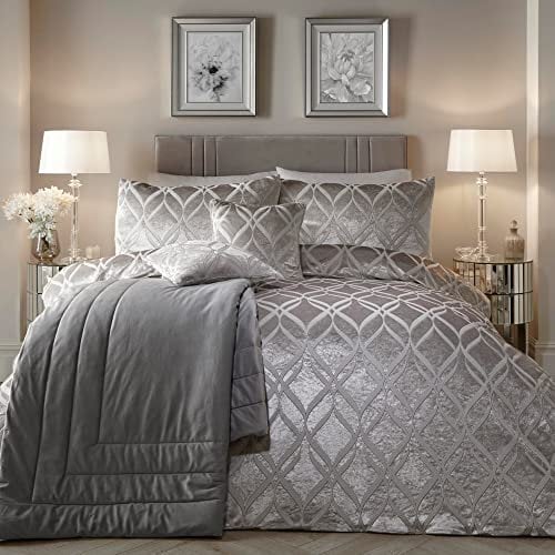 SOIREE - Luxuriöser silberner Ogee-Samt-Bettbezug – King-Size-Größe (230 x 220 cm) – 2 Kissenbezüge – weiche und gemütliche Samt-Bettwäsche in Silber – Jacquard – Luxus-Bettwäsche – glamouröse