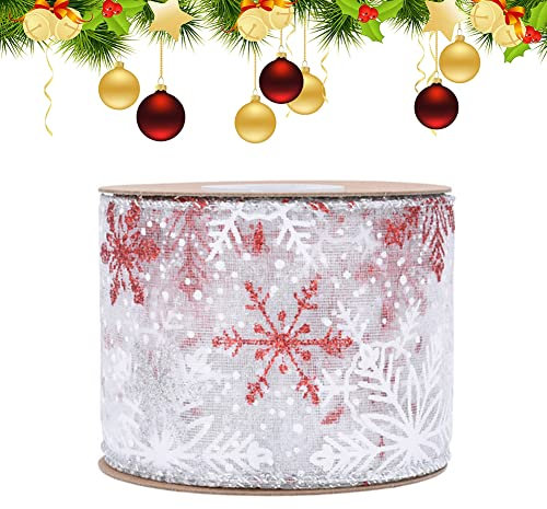 Organza Band Rot Weihnachten,Glitzer Schneeflocken Geschenkband Chiffon Breit mit Draht,Transparent Glänzend Schleifenband Satinband Dekoband Bänder für Geschenke,Weihnachtsdeko,Basteln (Silber)