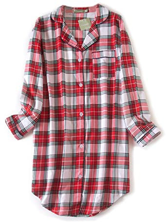 CHUNG Chemise de Nuit à Manches Longues Boutonnée pour Femme - Plaid Rouge et Blanc en Flanelle de Coton, Taille L