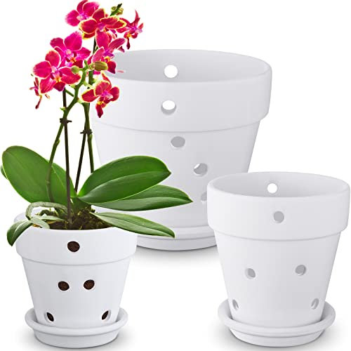 3 Stück Orchideentopf mit Löchern, 3 Größen, Keramik-Orchideen-Blumentopf-Set mit Entwässerungslöchern und Untertassen, für drinnen und draußen, Orchideen-Pflanzgefäß, zum Umtopf, Luftzirkulation