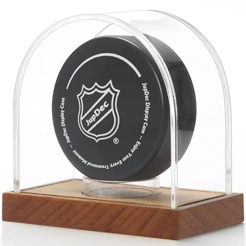 JupDec Hockey Puck and Collectibles Display Case, Premium Acrylic Clear Box Puck Holder with Mahogany Wood Base, Showcase for Autographed Souvenir Memorabilia, Collectible Figure Stand