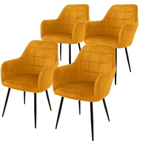 ECD Germany 4er Set Esszimmerstühle mit Rücken- und Armlehnen, Ocker, Küchenstühle mit Samtbezug, Polsterstühle mit Metallbeinen, Ergonomische Stühle für Esstisch, Wohnzimmerstühle Esszimmerstuhl