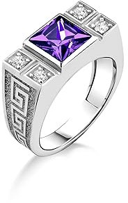 Silberner Herren-Siegelring Mit Amethyst Und Cz-Pavé, Quadratisch Geschliffener Violetter Steinring Mit Eingraviertem Griechischen Motiv, Einzigartiger Herrenring, Schmuck Für Männer