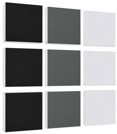platino24 Akustikpaneele 9 Elemente Colore Quadrat 27,5 x 27,5 cm Schwarz + Grau + Weiß I Schallabsorber aus Basotect G+ mit Akustikfilz I Schalldämmung Wand & Decke I Akustikelemente Wandpaneel