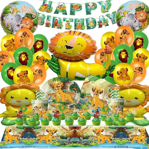 Nutrir 101 PCS Set Stoviglie di Compleanno Lion, Addobbi Festa con Palloncini, Vassoio di Carta, Tovagliolo, Tazza, Tovaglia - Tema Cartoon Leone