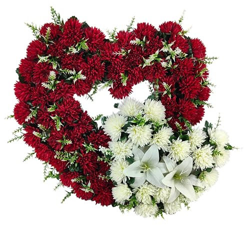 DRW Doppelherz aus künstlichen Blumen, weiß und rot, für Friedhof, Hochzeit, Kirche, mit weißen Lilien, Chrysanthemen, 58 x 53 x 12 cm