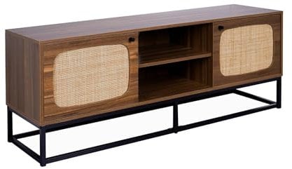 sweeek - Meuble TV en décor Bois et cannage Arrondi 140cm. piètement et poignées en métal Noir