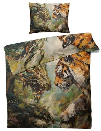 MOBEITI Drachen Tiger Bettwäsche 135x200, Fantasy Wendebettwäsche, Weiche Kuschelige Mikrofaser Bettbezug Set 2teilig, 1 Kissenbezug 80x80, mit Reißverschluss - MO&947