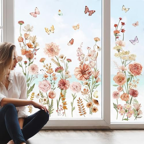 wondever Fenstersticker Blumen Boho Fenster Aufkleber Garten Blume Gras Pflanzen Schmetterling Fensterbilder Fensteraufkleber Anti-Kollision Doppelseitig Glasaufkleber Frühling Sommer Glas Deko