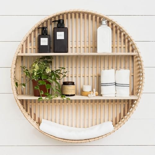 Synovana Rattan-Wandregal, 3 Etagen, Boho-Wandregal, Bauernhaus, Handwerk, rundes Schweberegal, Präsentationsregal, Aufbewahrung, rundes Hängeregal für Wohnzimmer, Heimdekoration