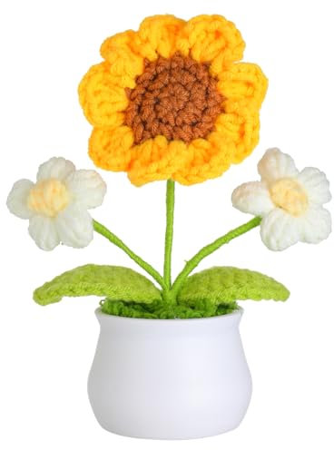 JUSTOYOU künstliche Blume Sonnenblume Häkelblume Blumen Topf, Mini gestrickte Blumentopf, kleine handgefertigte Häkelblume für Home Office Dekor, Geschenk für ihren Valentinstag (1, weiß)