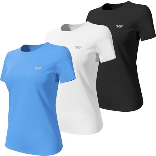 Wulibike Women's Running Tops Breathable Soft - Quick-Dry UV Protection Gym T-Shirts - Reflective Sports Tops for Women UK - 3 or 5 Pack Black White Blue M