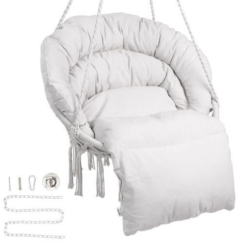VEVOR Hanging Hammock Swing, 330 Lbs Capacity, Macramé Hanging Chair with Cushion and Mounting Hardware, Cotton Rope Swing for Bedroom, Balcony, Patio, Garden, Beige