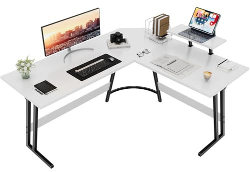 Devoko Escritorio Gaming de Esquina con Soporte para Monitor,150 x 130cm,Escritorio Gamer en Forma de L, para Estudio,Oficina,Gaming,Dormitorio(Blanco)