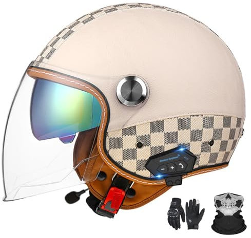 GNIUBBDB Casco Jet Bluetooth Certificazione ECE Casco Pelle per Adulti Casco Scooter Casco Jet Uomo Donna con Doppia Visiera Parasole B-1, XL (60-62 cm)