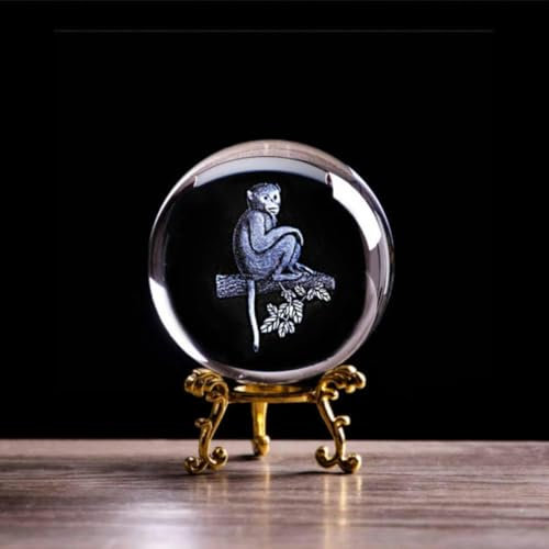 Bola de Cristal del Zodiaco Chino grabada con láser en 3D, decoración para el hogar y la Oficina, Figuras de Mono en Miniatura con Bola Base y Base Dorada, 60 mm
