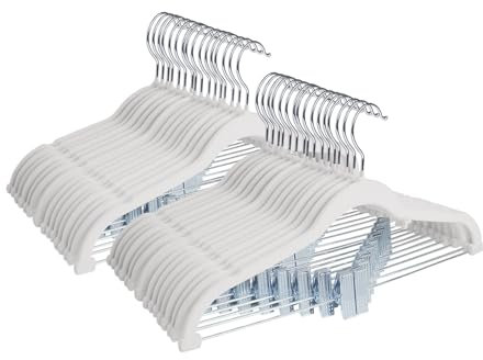 ManGotree Lot de 32 cintres pour pantalons avec clips mobiles, cintres antidérapants en velours pour pantalons, jupes, chemises, manteaux, robes (lot de 32, blanc)