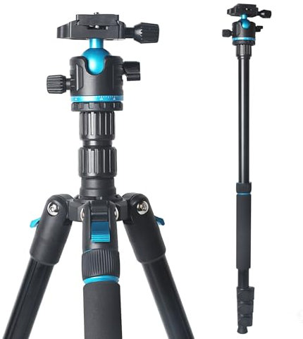 JAFUQAW - Trípode para cámara, 68 pulgadas/174 cm, trípode de viaje ligero y monopie con cabeza de bola de 360°, carga útil de 33 libras, altura ajustable de 17 a 68 pulgadas, trípode profesional para