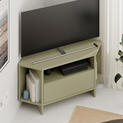 Hocuspicus HOCUS PICUS Modern Corner TV Unit up to 40 Inch TVs, Push to Open Door TV Storage Cabinet and 3 Open Shelves, 95.7(H) cm TV Table for Living Room, Bedroom (Ash Green)