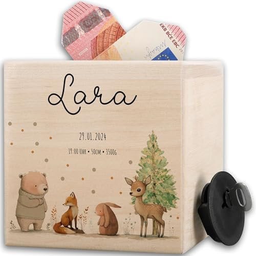 Holz - Holzspardose süße Waldtiere Geschenk zur Geburt personalisiert I Spardose Geldgeschenk Geburt Junge Sparbüchse Mädchen - 10x10cm - Holz - babyspardosen spardosen Personalisieren bär