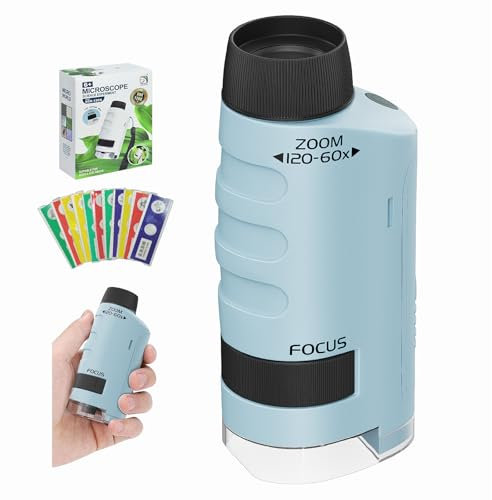 LIIGOU 60-120x Microscope Enfant Mini de Poche éclairé par LED Portable Miniscope avec 12 Lames de Microscope Loupe Enfant Gadget High Tech pour étudiants en Laboratoire Scientifique