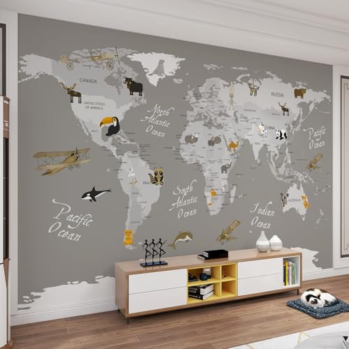 QDJKBL Graue Weltkarte, Kindertapete, wilde Cartoon-Tiere, 3D-Wandbild, Tapete, Kinderzimmer-Wandkunst, knitterfrei, gute Formbarkeit für Küchen-, Firmen-, Sofa- und Wanddekoration - 300 x 210 cm