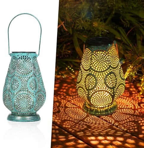 JOYCREATOR Solarlaterne für Außen, LED Metall Solar Laternen für Draußen Wasserdicht IP65, Solarlampen für Außen Garten Hängend für Outdoor Balkon Rasen Hof Camping Geschenke(Türkis/ Klein)