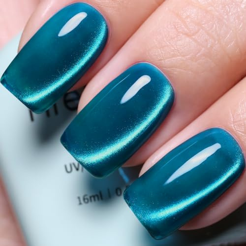 Firedeep Cyan Cat Eye Gel Nail Polish, 16ml Glitter Cyan Magnetic Moonlight Holographic UV/LED Gel Polish with Magnetic Stick