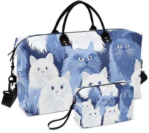 Grand sac de voyage avec motif chats amusants Blanc/bleu Sac fourre-tout Sac de sport Sac de transport avec trousse de toilette pour entraînement Grande capacité, Funny Cats Blanc Bleu 72, Set of 2,