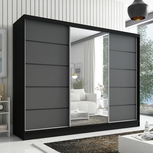 A&J MöbelLand Kleiderschrank Aurelia 2 – Schwebetürenschrank 200 cm breit mit Spiegel, 3-türig, Kleiderschrank mit Schubladen, Schiebetürenschrank für Schlafzimmer oder Garderobe