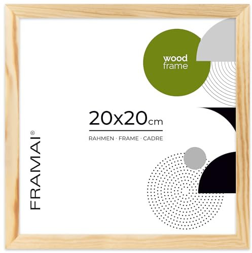 FRAMAI Bilderrahmen 20x20 cm, Natürlich, Natur Holz Rahmen, Rahmen Echtholz Bilderrahmen, Rahmen mit Bruchsicheren Plexiglas, Aufhänger und Aufsteller