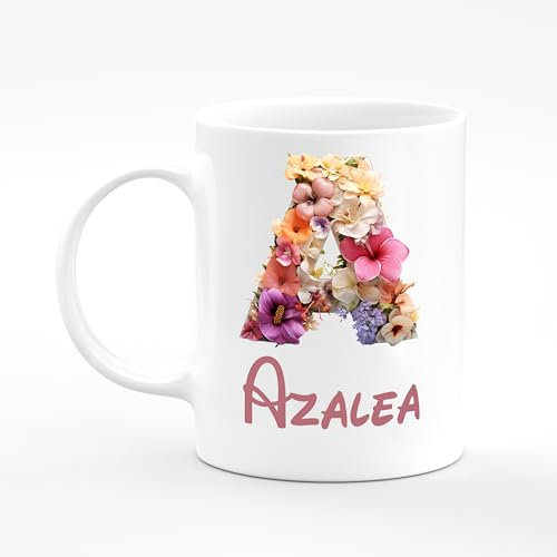 Amelia Gould Apparel Azalea Flower Letter Design Mug Gift 11oz Ceramic Coffee Tea Cup Alphabet
