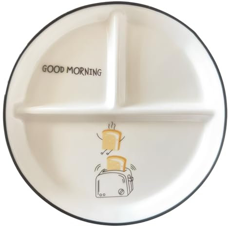 Piatto diviso in ceramica, Piatto da pranzo con 3 scomparti e simpatico motivo a pane per pasta, frutta, insalata, pane, adatto al microonde