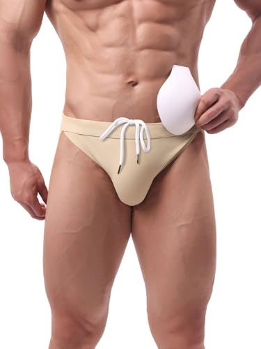 Summer Code Slip de Bain Homme Rembourré Amovible Maillot de Natation Respirant en Forme Triangle, Beige, XX-Large