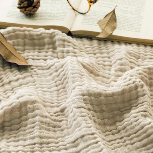 Vgpbphj Musselin Decke, Sommer Musselin Decke 150 x 200, 100% Natürliche Musselindecke Leichte Sanfte, Muslin Blanket Erwachsene as Cuddly Blanket, Bed, Couch Throw (Beige, Queen(150x200cm))