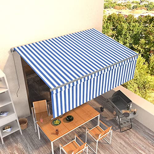 QJBSAVVA Tenda da sole 4 x 3 m blu bianco retrattile manuale con tenda avvolgibile resistente ai raggi UV e all'acqua, per terrazza, balcone, giardino