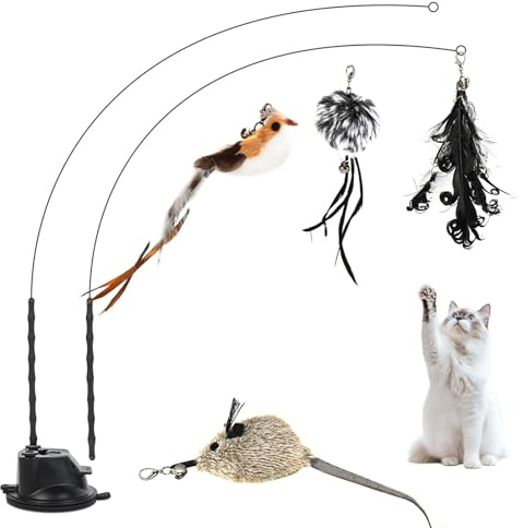 Romon Katzenspielzeug, Schwarz Katzen Spielzeug 7 Stück Cat Toys Katzenangel Stabil Selbstbeschäftigung Federspielzeug mit Maus, Natürlich Interaktives Katzenspielzeug Intelligenz Spielzeug mit Federn