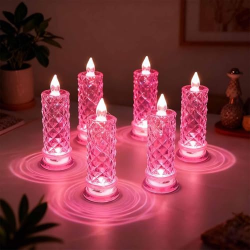 Set Mit 4 LED-Kristallkerzenlichtern, Adventskerzen 4er Set Led,Batterie Dekorative Kerze, Flammenlosen LED-Kerzen,Flammenlosen Rosenschatten-LED-Kerzen,Romantischen Flammenlosen Stumpenkerzen (Rosa)
