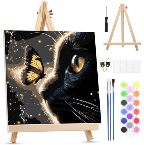 MXJSUA Peinture Numero Enfant Adulte avec Cadre, Chat Papillon Numéro d'art avec Pinceaux, Loisirs Créatifs Adultes, Activité Manuelle Adulte, 25x25cm