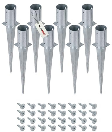 HOLLMAX 8 Stk. Einschlaghülsen/Bodenhülsen rund (81 mm) inkl. Schrauben, silber verzinkt, für gefräste und teilgefräste Pfosten