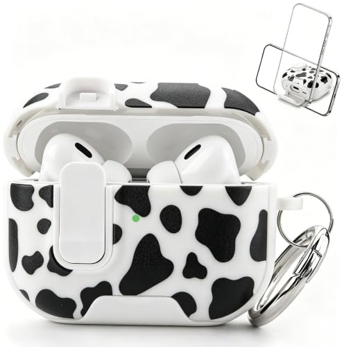 Cute Case for AirPods Pro 2 with Lock, AirPods Pro Case Cow Print Funny AirPods Pro 1st / 2nd Generation Charging Case Cover Cow AirPods Pro 2 Case with Phone Stand Function & Carabiner