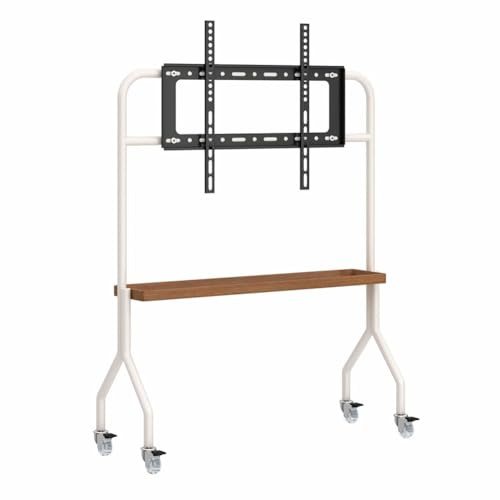 Portable Rolling TV Stand with Wheels for 43-75 Inch Smart TVs, Adjustable Height Floor Cart with Storage Dividers, Modern White Finish, Perfect for Home or Office Use