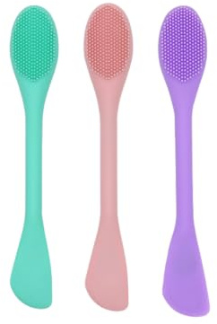 Brosse Visage Silicone 3 Pieces, Pinceau Masque Visage Double Embout pour Application et Nettoyage, Brosse Nettoyante Visage Douce pour Soins de la Peau, Applicateur Masque Rose Vert Violet