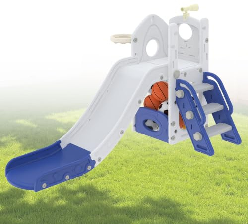 Aufun 4-in-1 Kinderrutsche für Kleinkinder, Multifunktionales Spielset mit Rutsche, Basketballkorb, Stauraum, Kletterleiter, Werkzeugfreie Montage, Stabil Freistehenderutsche Spielzeug