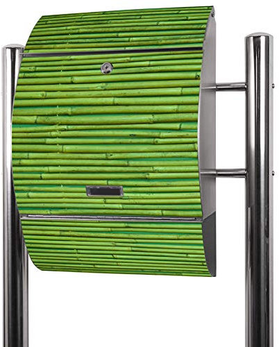 banjado® Standbriefkasten Edelstahl mit Zeitungsfach Motiv Bambus Grün/Briefkasten mit Standfuß/Edelstahl Briefkasten freistehend - A4 Einwurf inkl. 2 Schlüssel