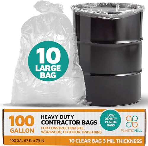 PlasticMill 100 Gallon Contractor Bags: Clear, 3 Mil, 67x79, 10 Bags.