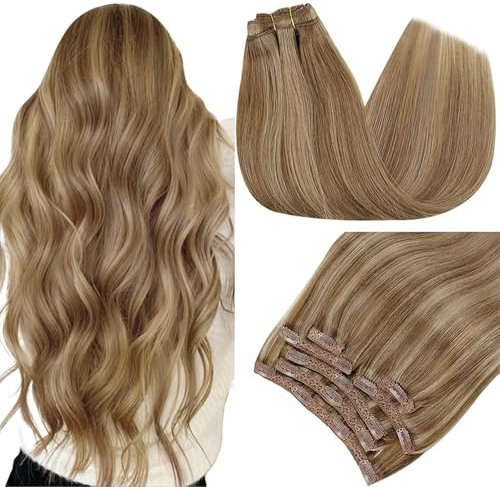 RUNATURE Clip in Extensions Echthaar Braun Hervorheben Blond 25cm Kurz Echthaar Extensions Clip Dunkelblond Mit Goldblond Echte Haare 7Pcs 80g Extensions Echthaar Clip Gerade #10P16