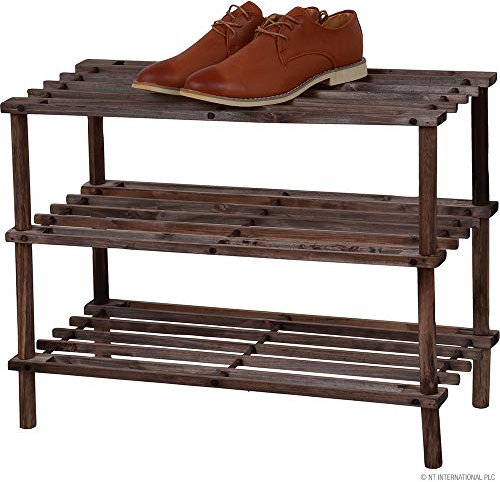 Wooden Shoe Rack - Footwear Storage Organiser Unit Shelf Dvd Books Tier Slated | Storage Stackable Organiser Multi-use - Easy To Assemble, Space Efficient, Hallway Front Door (Dark Oak Effect, 3 Tier)
