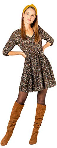 Sublevel Damen Kleid Frühling und Sommer mit Blumen-Muster Blumenkleid Langarm Green S/M