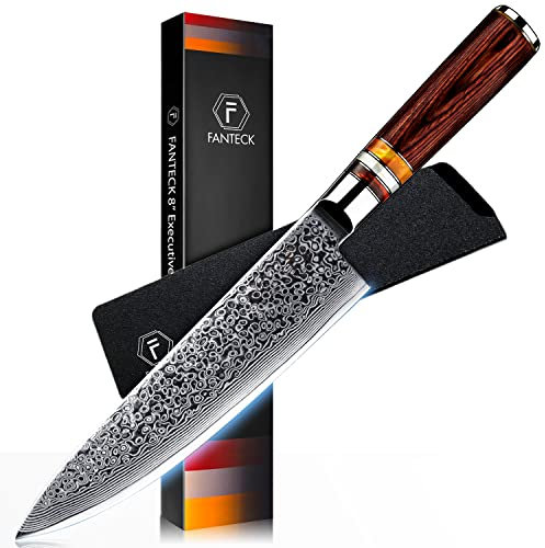 FANTECK Couteau de Cuisine Damas 20cm, Couteau de Damas de Chef en Acier - Damas Japonais 67 Couche Acier Couteaux de Cuisine pour Coupe Viande, Légumes, Fruits